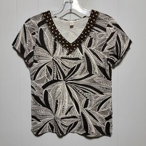 JM Collection‎ Petite Black White Leaf Print V Neck Studded Top Size S